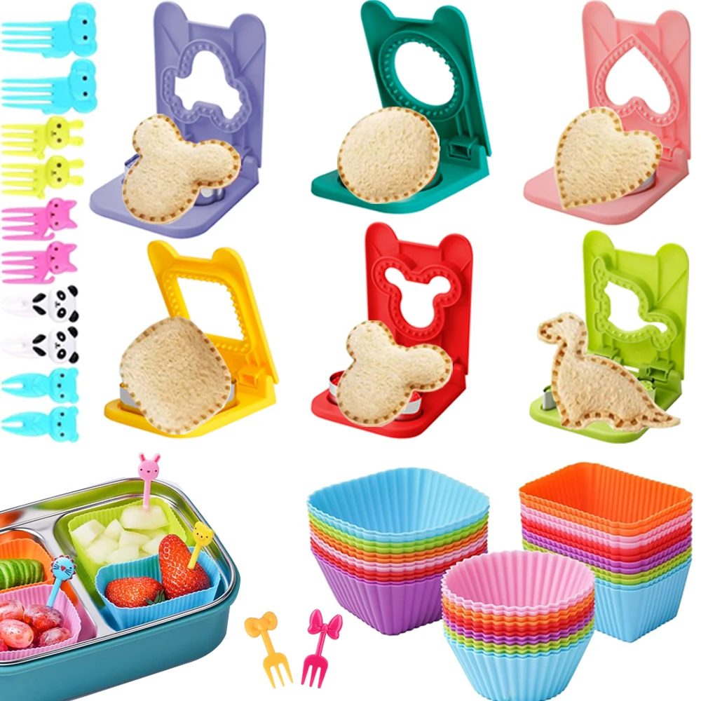 Kinder Bento Lunchbox Zubehör mit Mini-Obstgabeln für Kinder/Fuirt Cutter/Sojasaucenbehälter/Cupcake-Einlagen aus Silikon