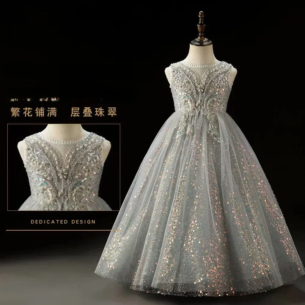 Children's high-end evening dress 2024 new model walking Elsa princess dress birthday piano host advanced sense