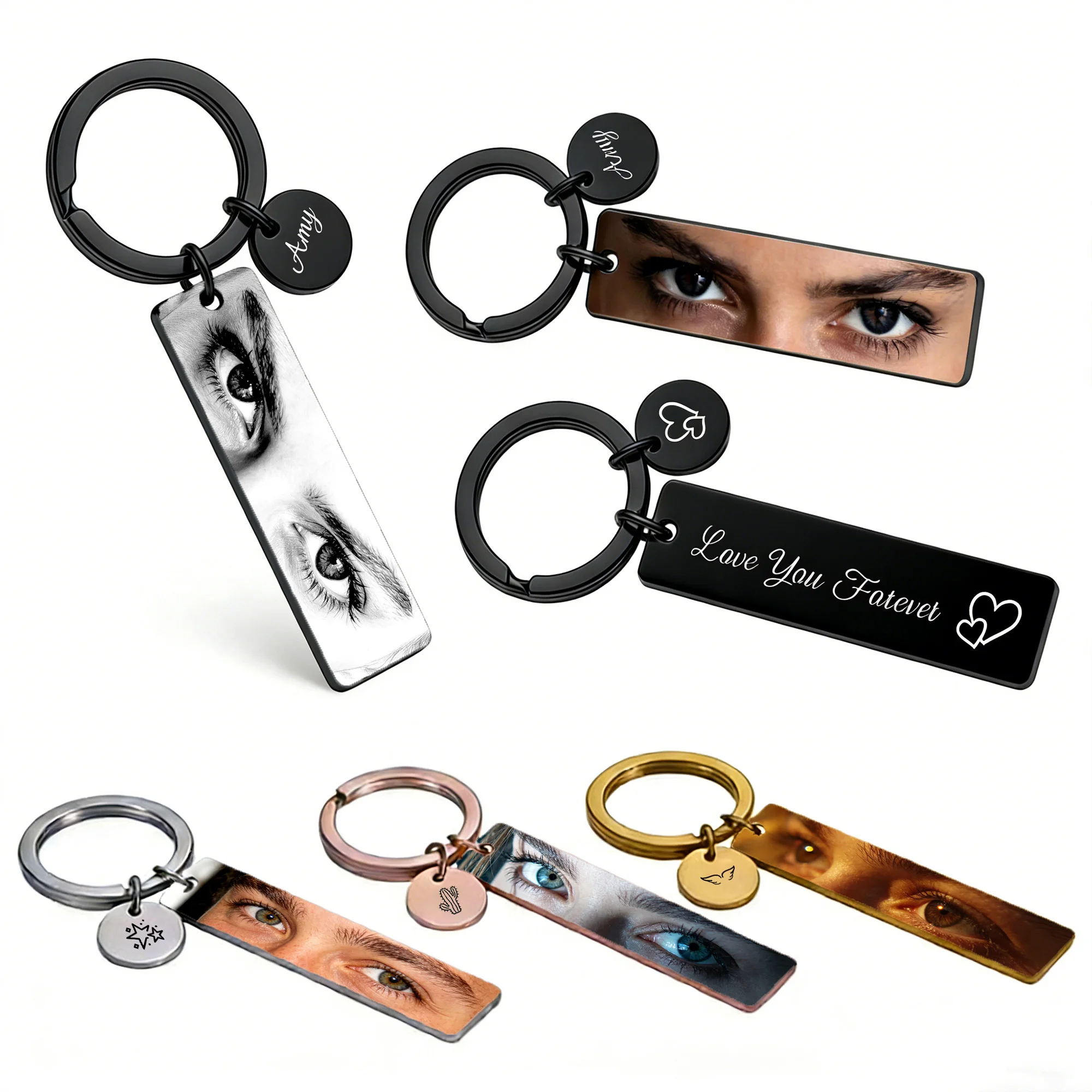 Personalized Eye Photo Keychain Custom DoubleSide Engraved Metal Keyring Romantic Love Gift For Couple Boyfriend Girlfriend Wife