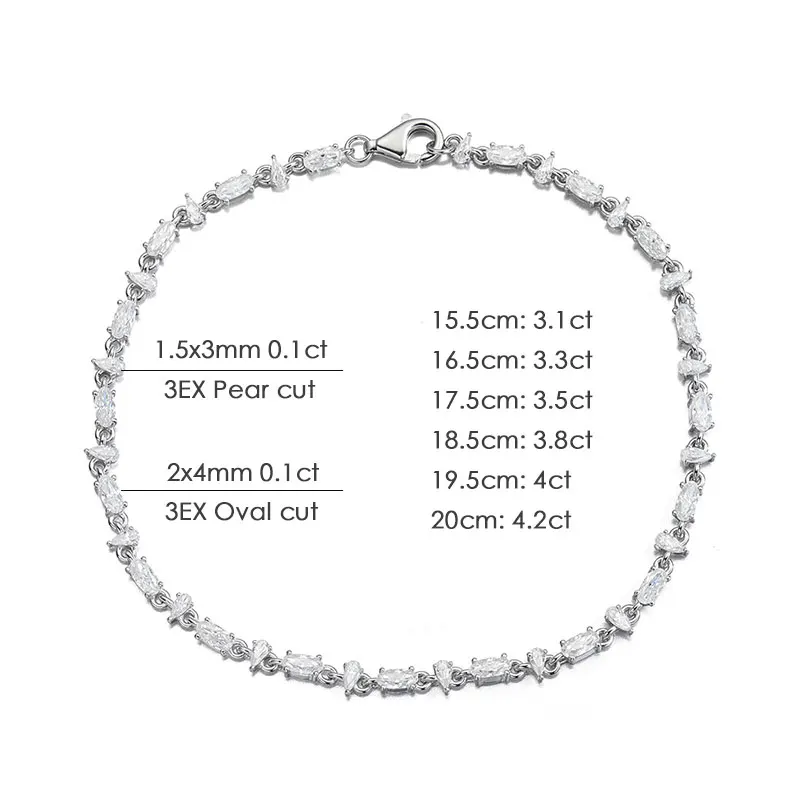 KNOBSPIN Oval Pear Cut Moissanite Tennis Bracelet s925 Silver Plated 18k White Gold GRA Certified Thin Bracelets for Women Man