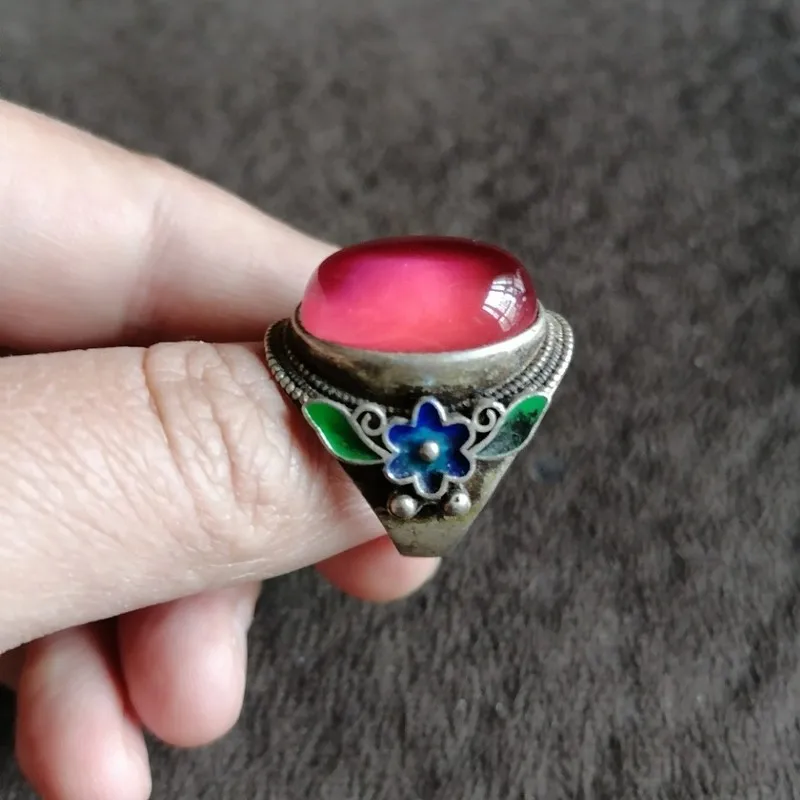 Antique Vintage Retro Silver Color-Changing Gemstones, Adjustable Ring With Aged Patina