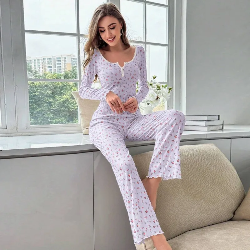 2Pcs/set fancy underwear women\'s homewear lace long-sleeved trousers stretch college students home wearable pajamas for women