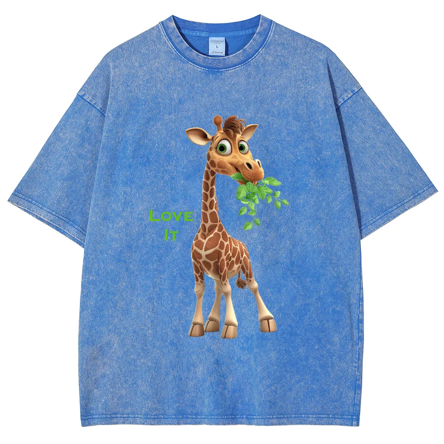 Cute Giraffe Eating Grass Print Ladies T-Shirt Neutral Wash Black Short Sleeve Oversized Loose Casual Everyday Tee