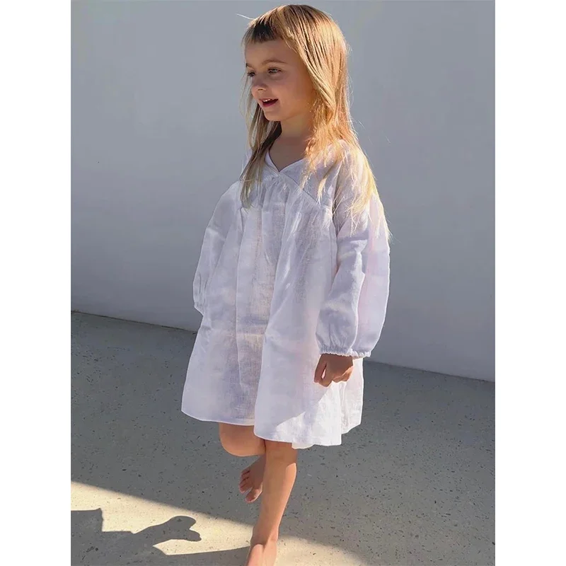 Girls White Linen V-neck Long-Sleeved Dress 2024 Spring And Summer New Baby Girl Mori Beach Cotton Linen Casual Loose Dresses