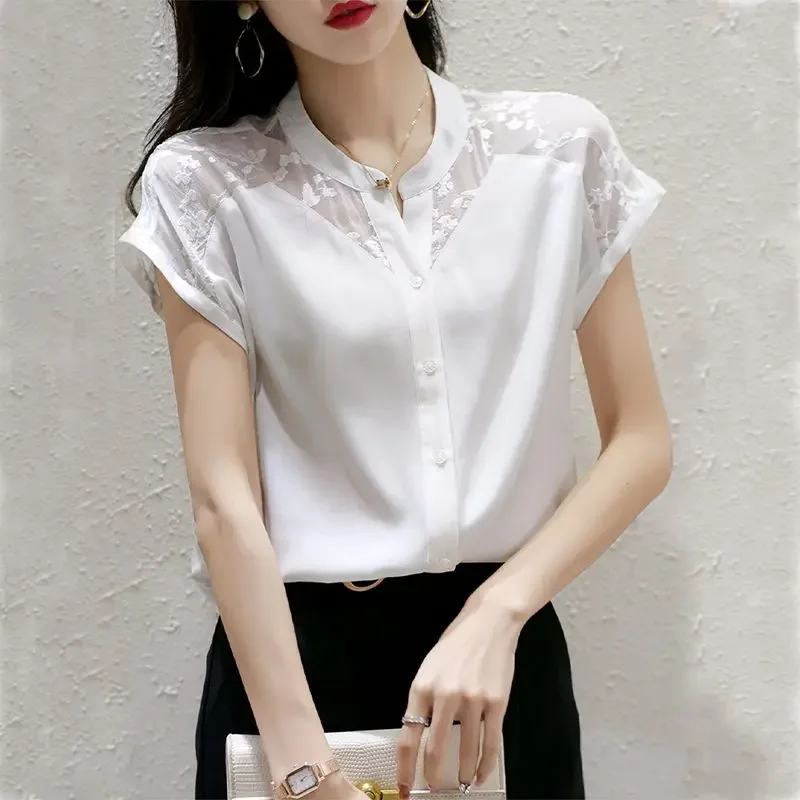 Elegant O-Neck Button Spliced Gauze Lace Embroidery Shirt Women's Clothing Summer New Casual Tops Loose Office Lady Blouse A729