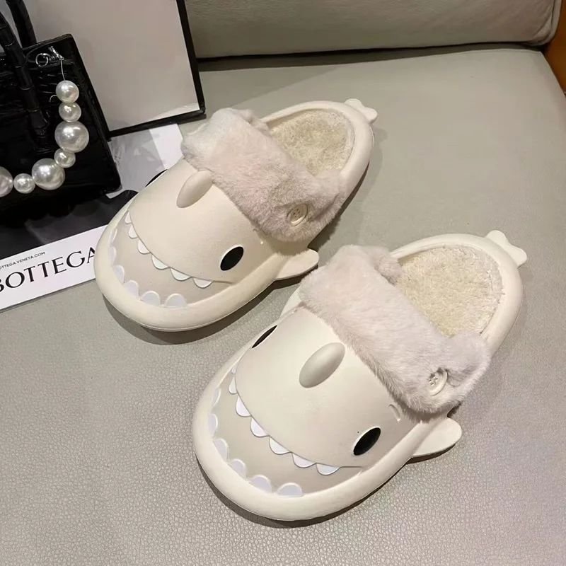 Shark Slippers Woman Winter Cotton Sandals Waterproof Indoor Non-slip Slides Plush Couple Shoes Home Flat Shoe Shark Flip Flops