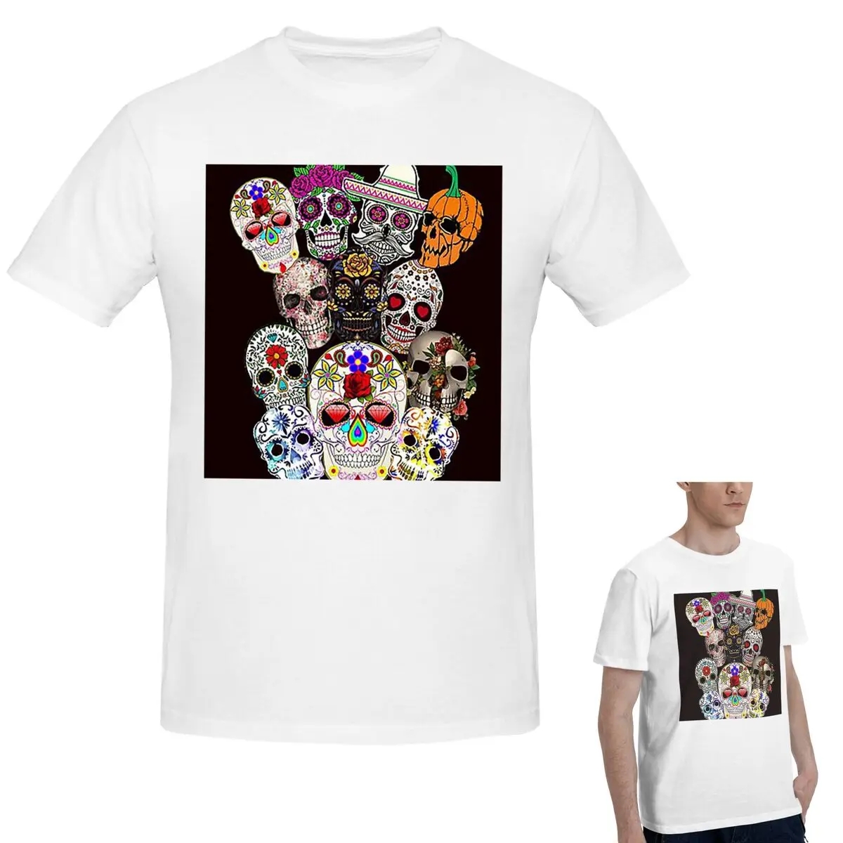 

Cotton Day Of The Dead Art Mexican Sugar Skull T-Shirt Men's Fashion Oversized T Shirt Men Crew Neck Summer Shirts Tops S-6XL