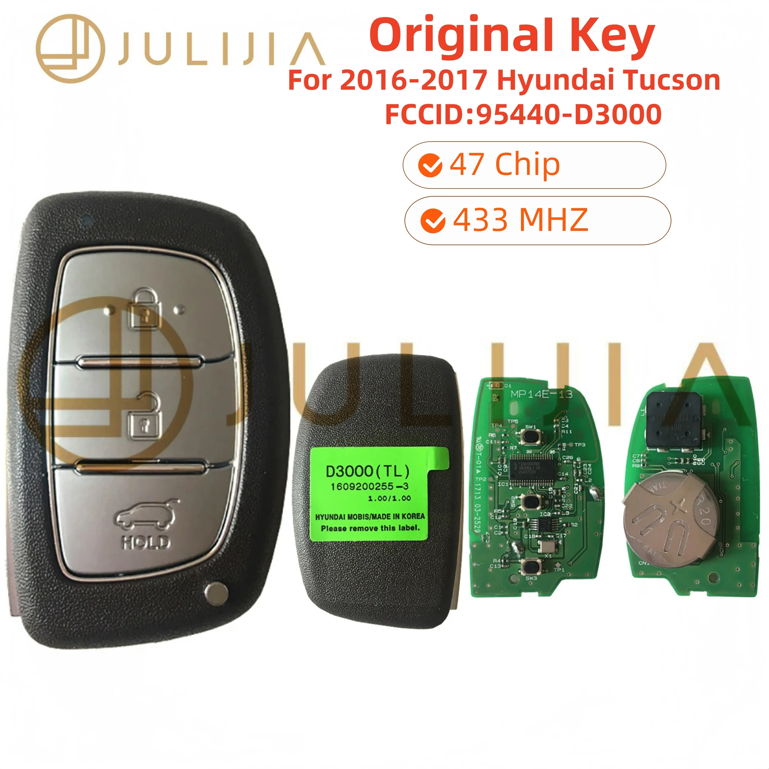 

For Original Hyundai Tucson 95440-D3000 Come With Emergency Key Keyless Smart Remote Car Key 2016 2017 2018 ID 47 Chip 433MHZ