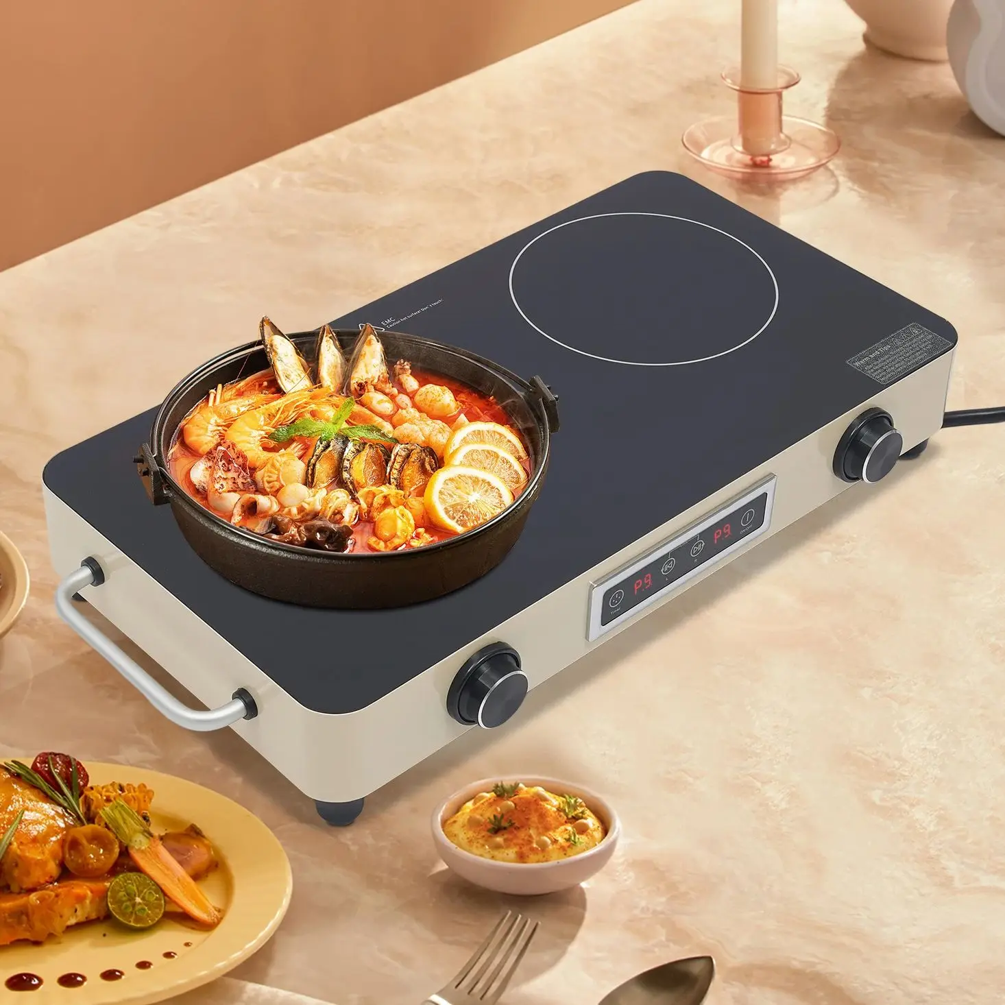 

2 Burners Electric Cooktop, 110-120V, 1100W + 1100W Knob Control, 19.02 Inch Electric Stove Top with Kids Lock & Timer