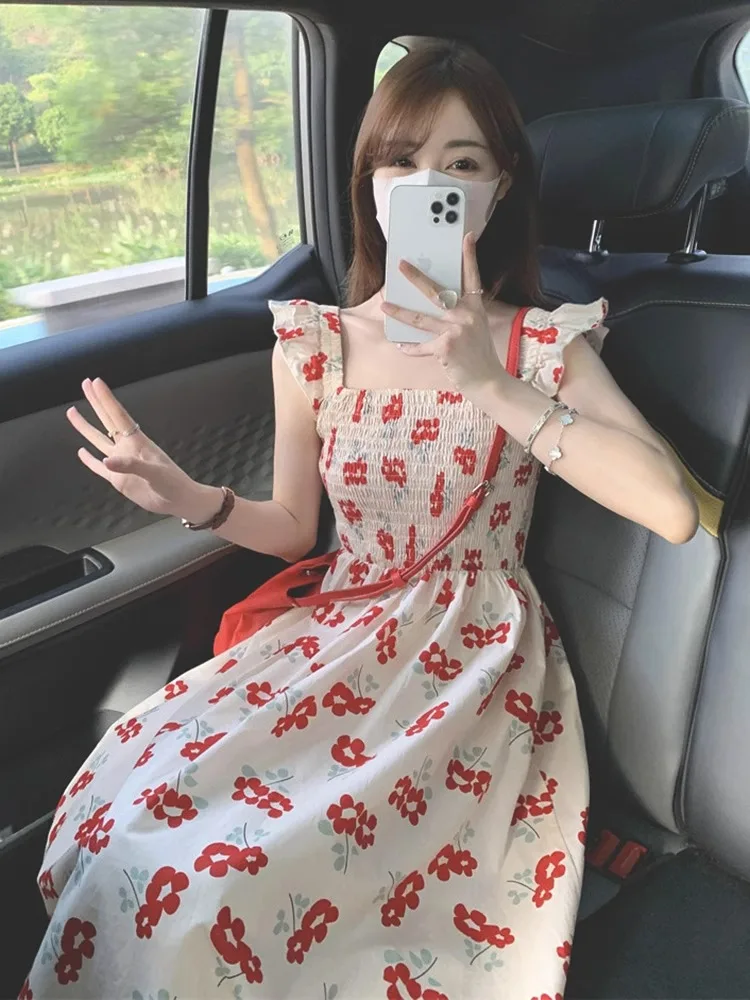 

Floral Midi Dress for Women Flying Sleeve French Casual Korea Fashion Slim Sweet Girlish Vestido Summer 2024 Sleeveless Dress