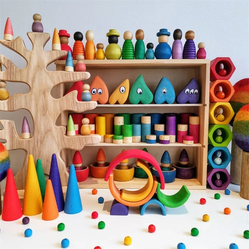 Poupées à cheville en bois arc-en-ciel pour enfants, ensemble de jeu de saison, jouets à extrémité ouverte, pièces adt, matériaux de jeu empilables, jouets Montessori pour bébé