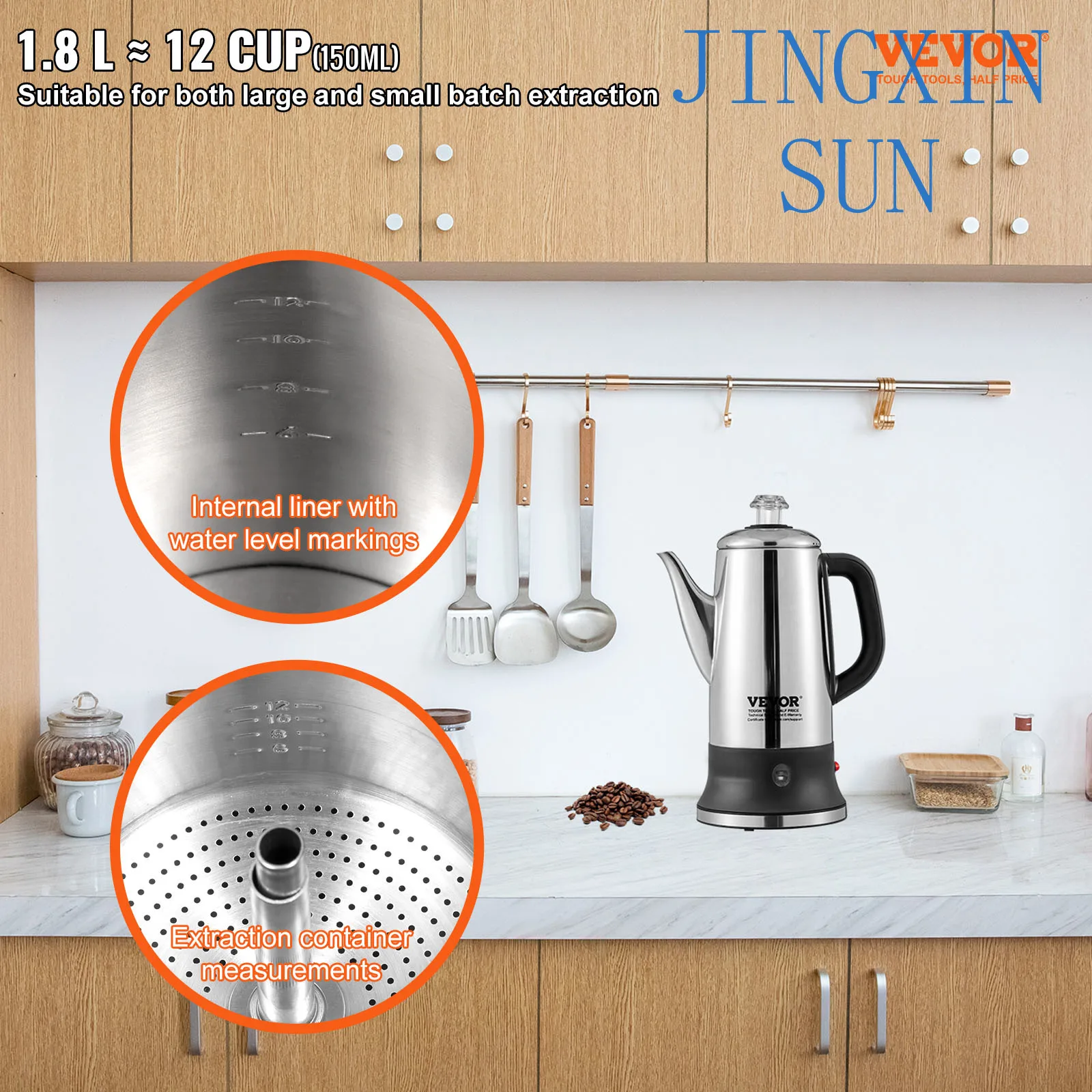 12-Cup Electric Percolator Coffee Pot 304 Stainless Steel Coffee Percolator with Keep Warm Function