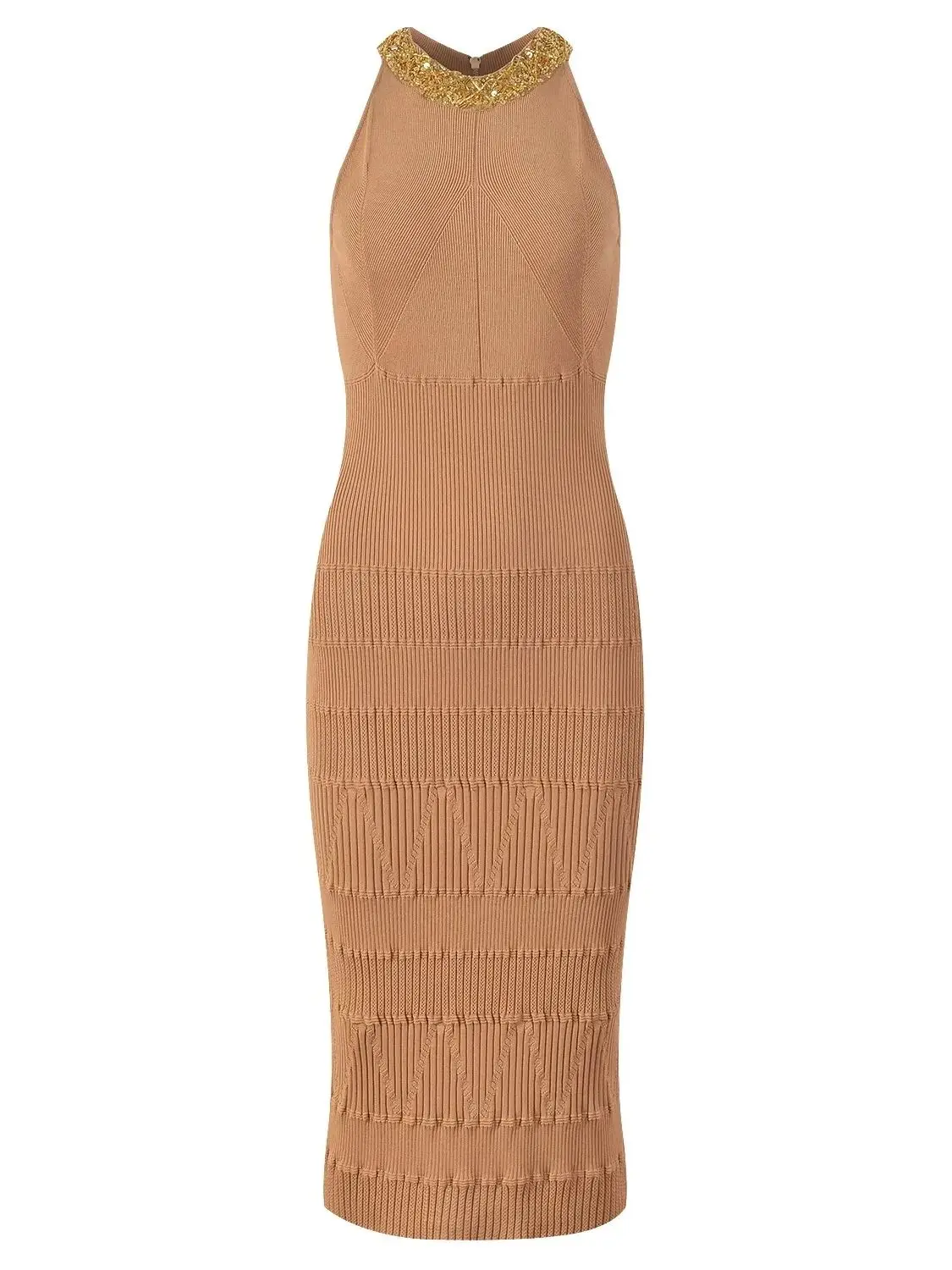 

High-End Fashion Runway Sexy Halter Sleeveless Knitted Dress Women's Luxury Sequins Back Zipper Slim Waist Summer Long Dress