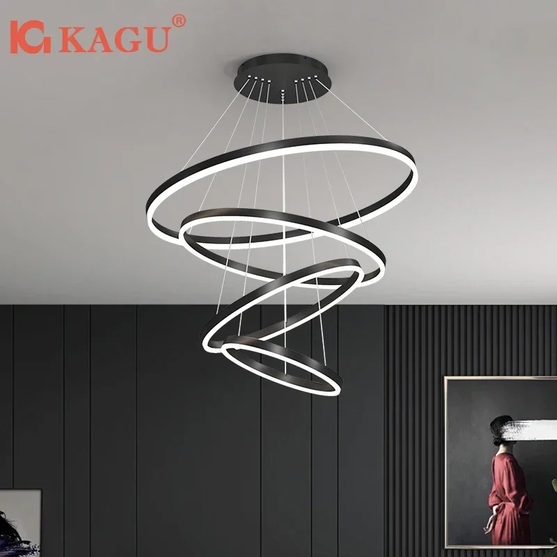 

Modern Pendant Lamp Led Rings Circle Ceiling Hanging Chandelier Black Loft Living Dining Room Kitchen Indoor Lighting Fixture