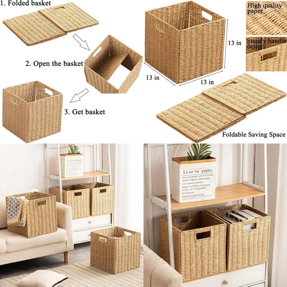 

Collapsible Paper Rope Baskets with Handles, 4-Pack, 13 x 13 x 13 for Home Storage and Organization