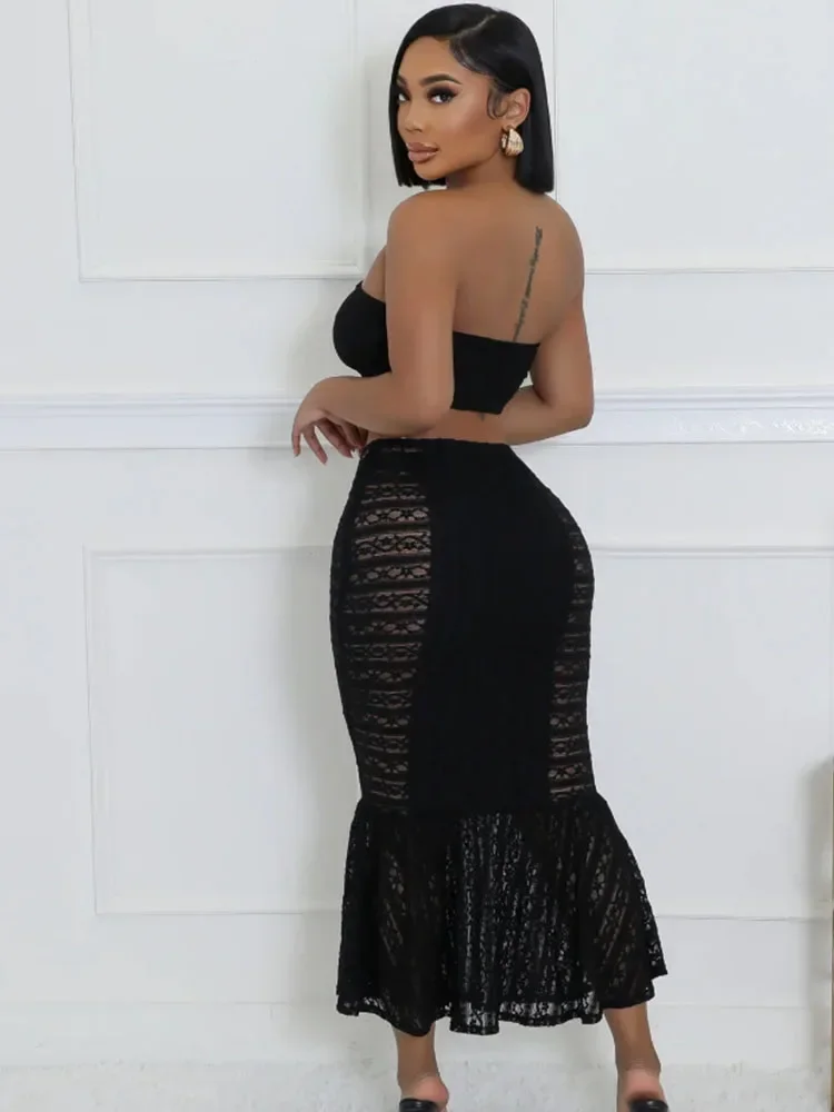 SEXY Night Club PARTY 2 ชิ้นชุดผู้หญิงเทศกาลชุดวันเกิด Strapless Crop TOP และ Mermaid กระโปรงยาวชุดการจับคู่