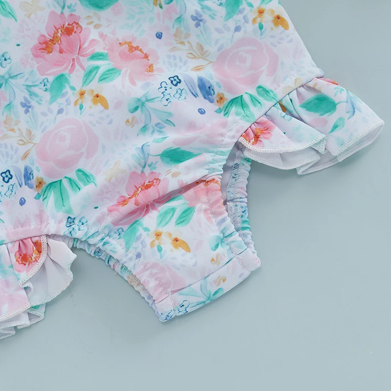 Toddler Girls  Swimsuit with Ruffle Sleeves and Cute Floral Print UPF 50 Sun Protection Baby Girls Swimwear