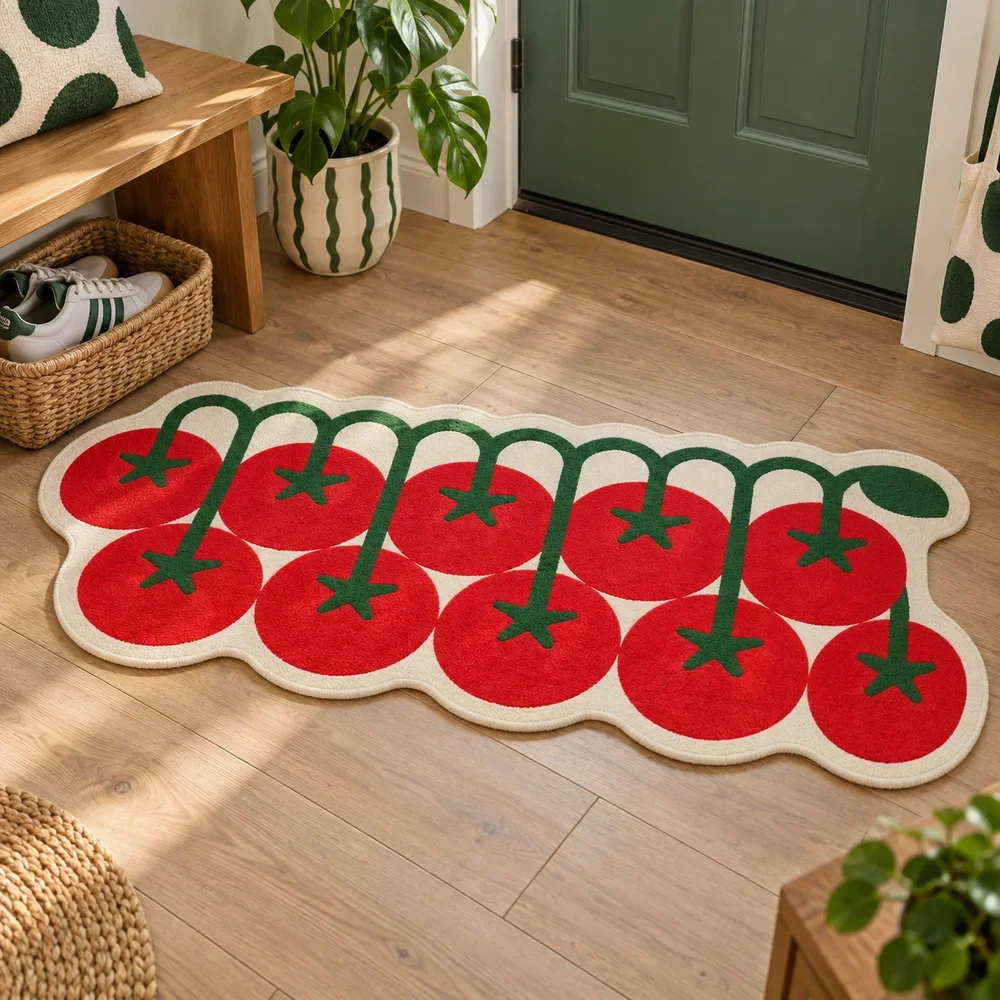 Tomato Row Shaped Rug, Red Garden Vegetable Floor Mat, Playful Irregular Decor for Kitchen, Dining Room, Living Room, Entryway