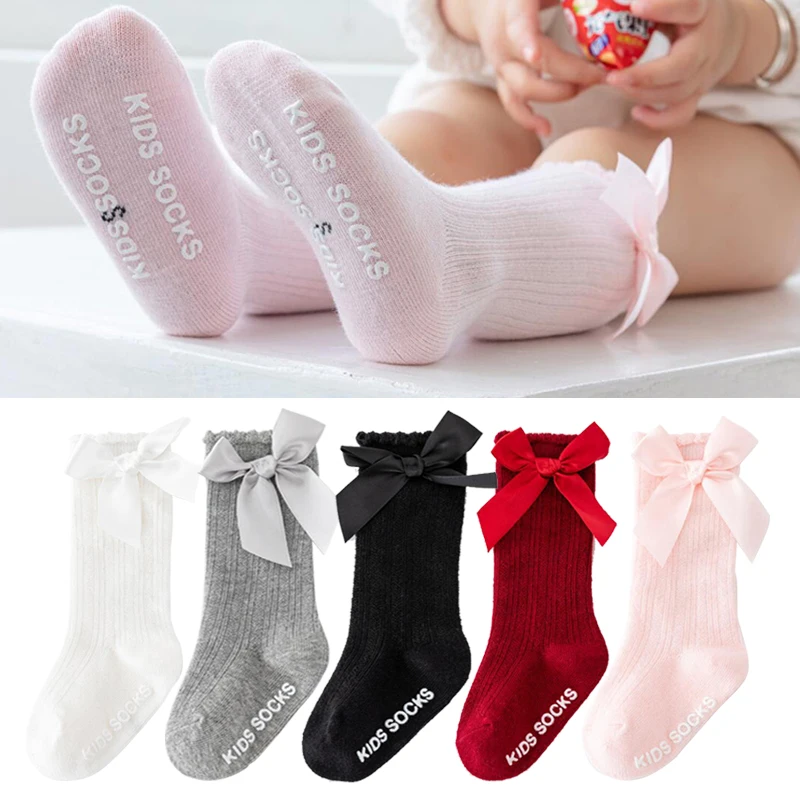 Red Bow Tie Knee High Tube Socks Girls' Christmas Stockings Infants Toddlers Soft Cotton Children Non Slip Floor Socks Baby Gift