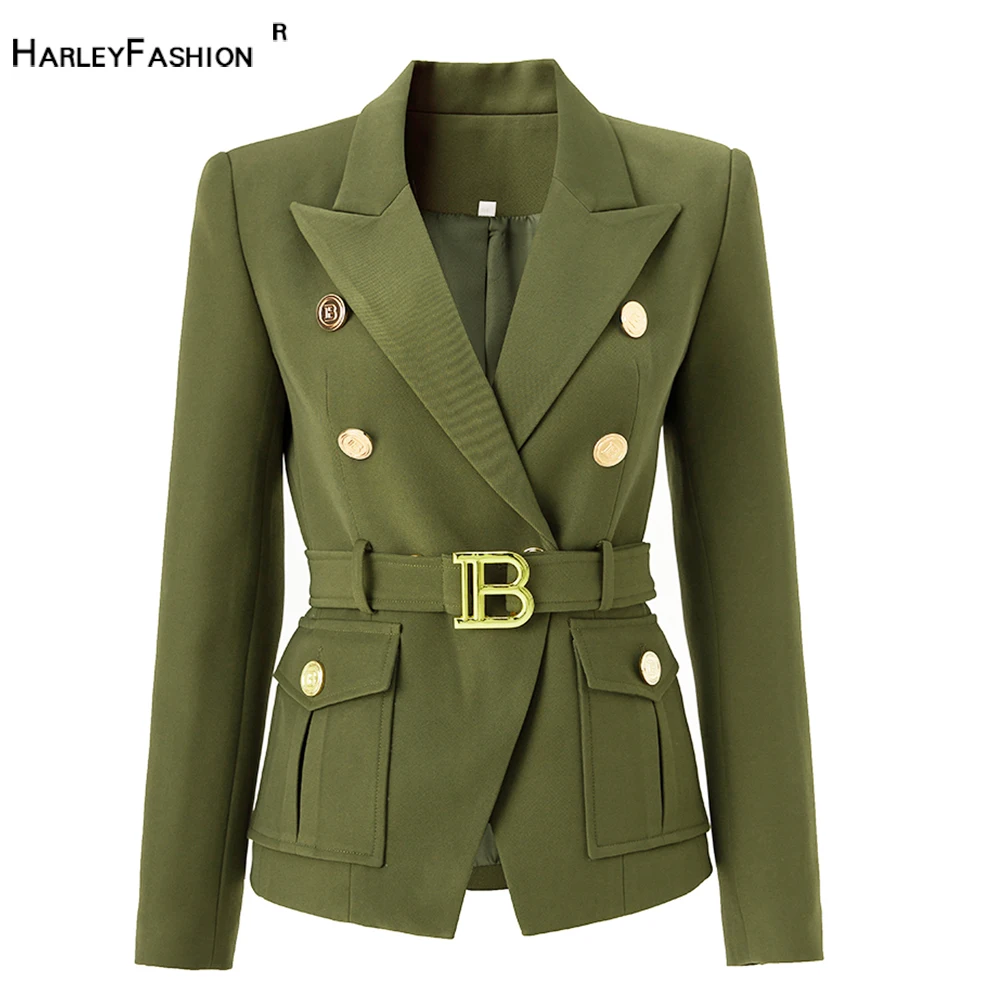 Spring Autumn Formal Work Lady Army Green Pockets Jackets with Metal Belt Super Shape Look Elegant Women Blazer