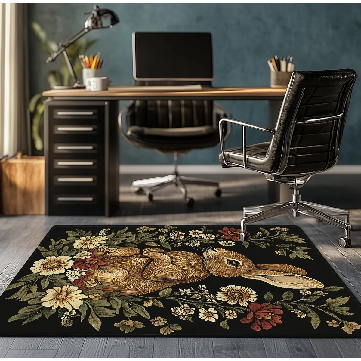 Vintage Rabbit Floral Pattern Crystal Velvet Rug Classic Animal Print Floor Mat Nature Inspired Home Decor Carpet