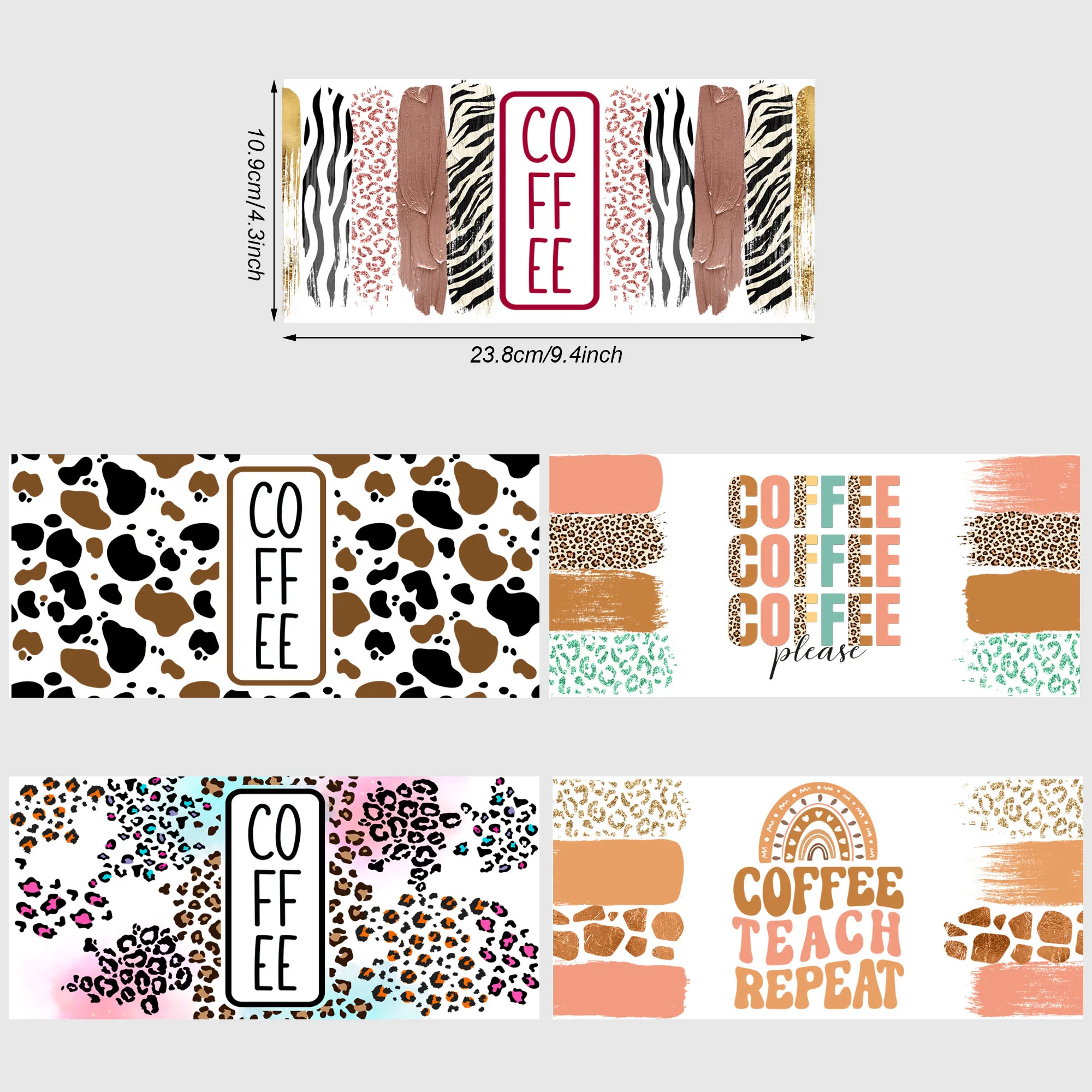 5 Sheets Coffee Design Stickers UV DTF Cup Stickers, Glass Sport DTF Transfer Stickers, Waterproof Coffee Stickers Wipe-On