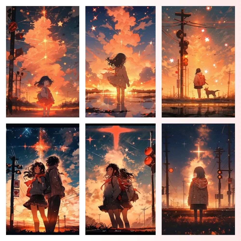 Sunset kız elmas boyama japon çizgi roman illüstrasyon elmas nakış mozaik sanat taklidi ev dekor çocuk hediyeleri