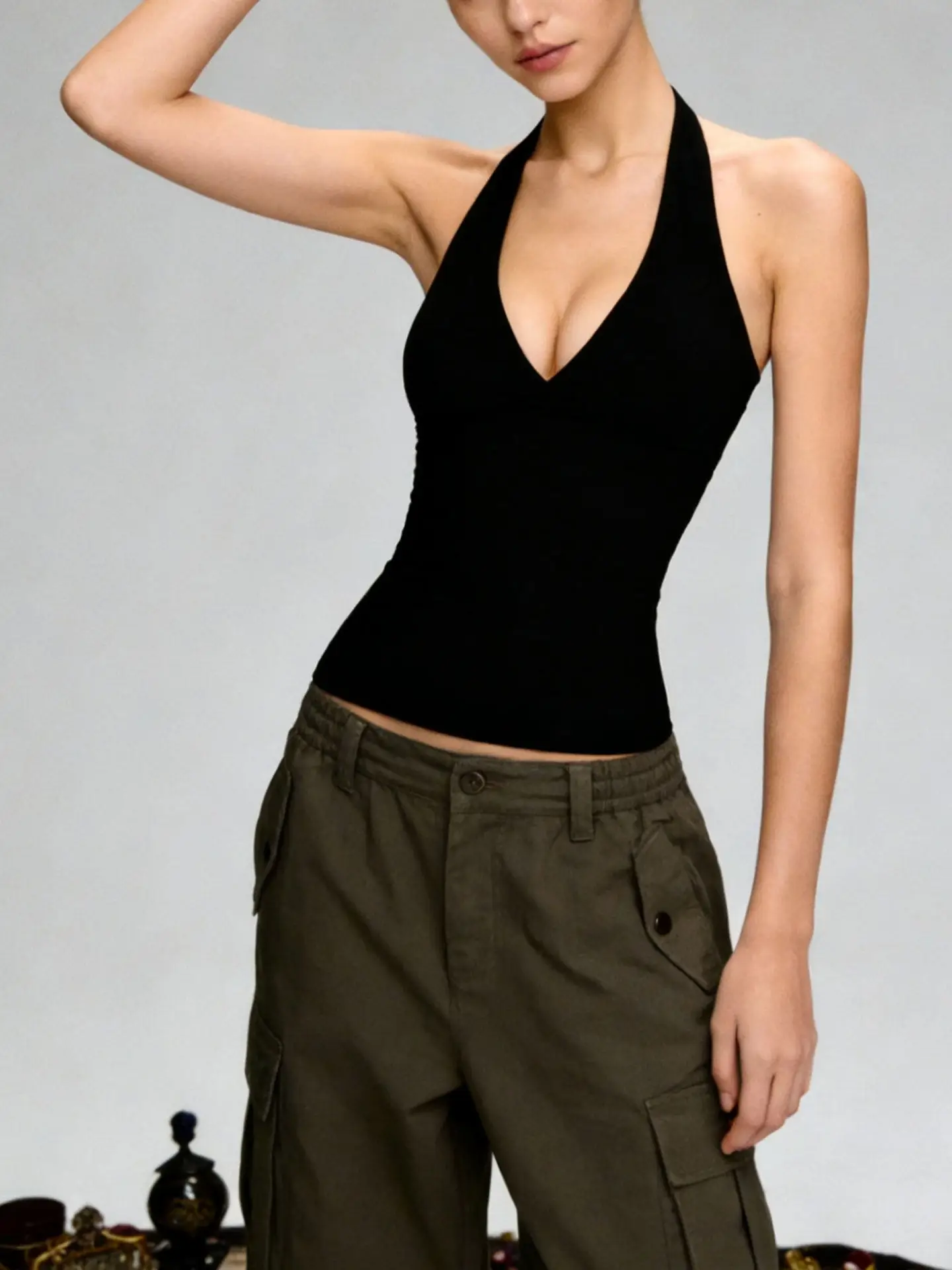 Black Hanging Neck Cool Spicy Girl Deep V Small Strap Vest Women Summer Outerwear Inner Match Pure Desire Bare Back Sleeveles...