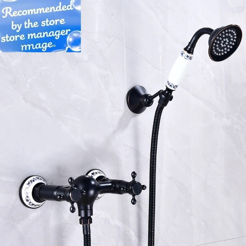 

Blue and White Porcelain Shower Faucet Black Copper Brass Luxury European Style Bathroom Classic Shower 2 handles