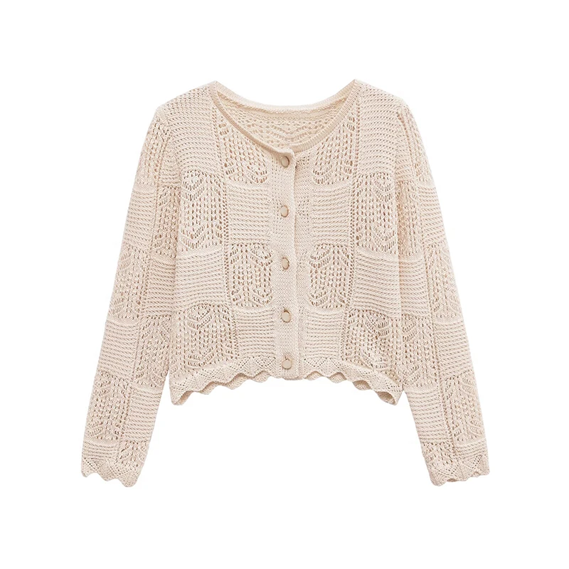 

YENKYE New Autumn Women Front Button Round Neck Long Sleeve Pointelle Knit Cardigan Casual Short Outerwear