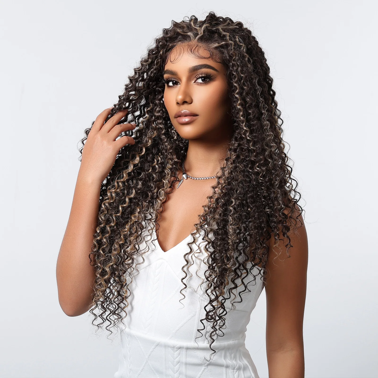 Kinky Curly Wave Lace Front Synthetic Wigs for Balck Women Brown Mixed Blonde Lace Hair Wig Heat Resistant for Daily Cosplay