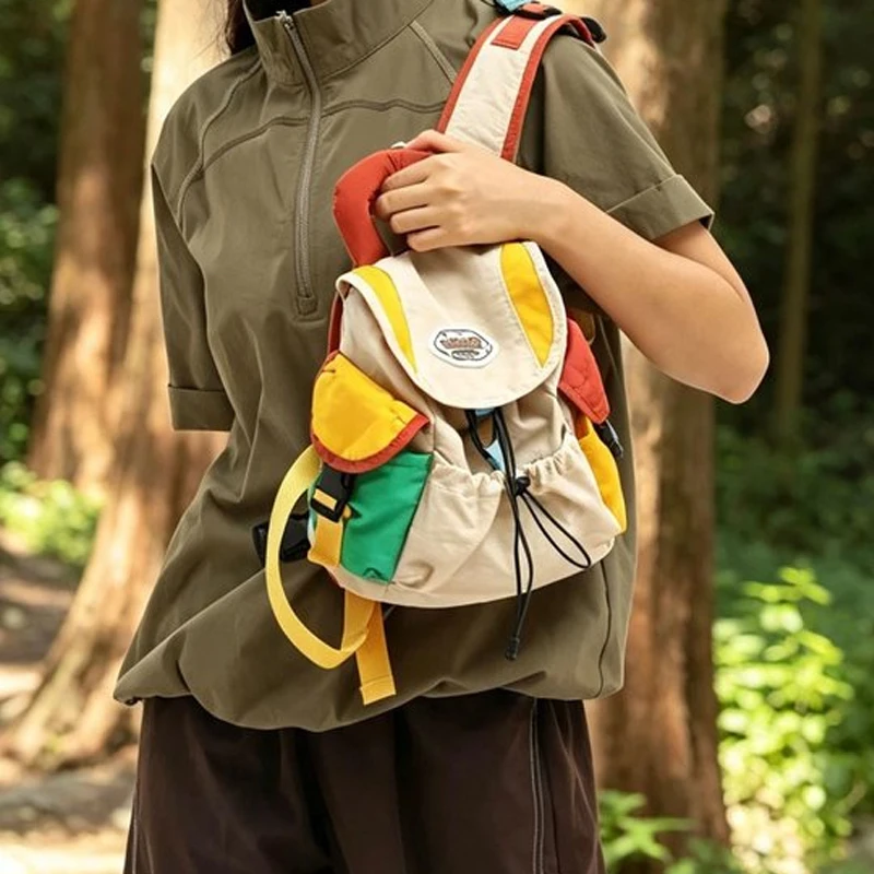 Kids Colorblock Canvas Backpack Drawstring Rucksack With Buckle Closure Cute Ear Decor Casual Travel Daypack For Boys Girls