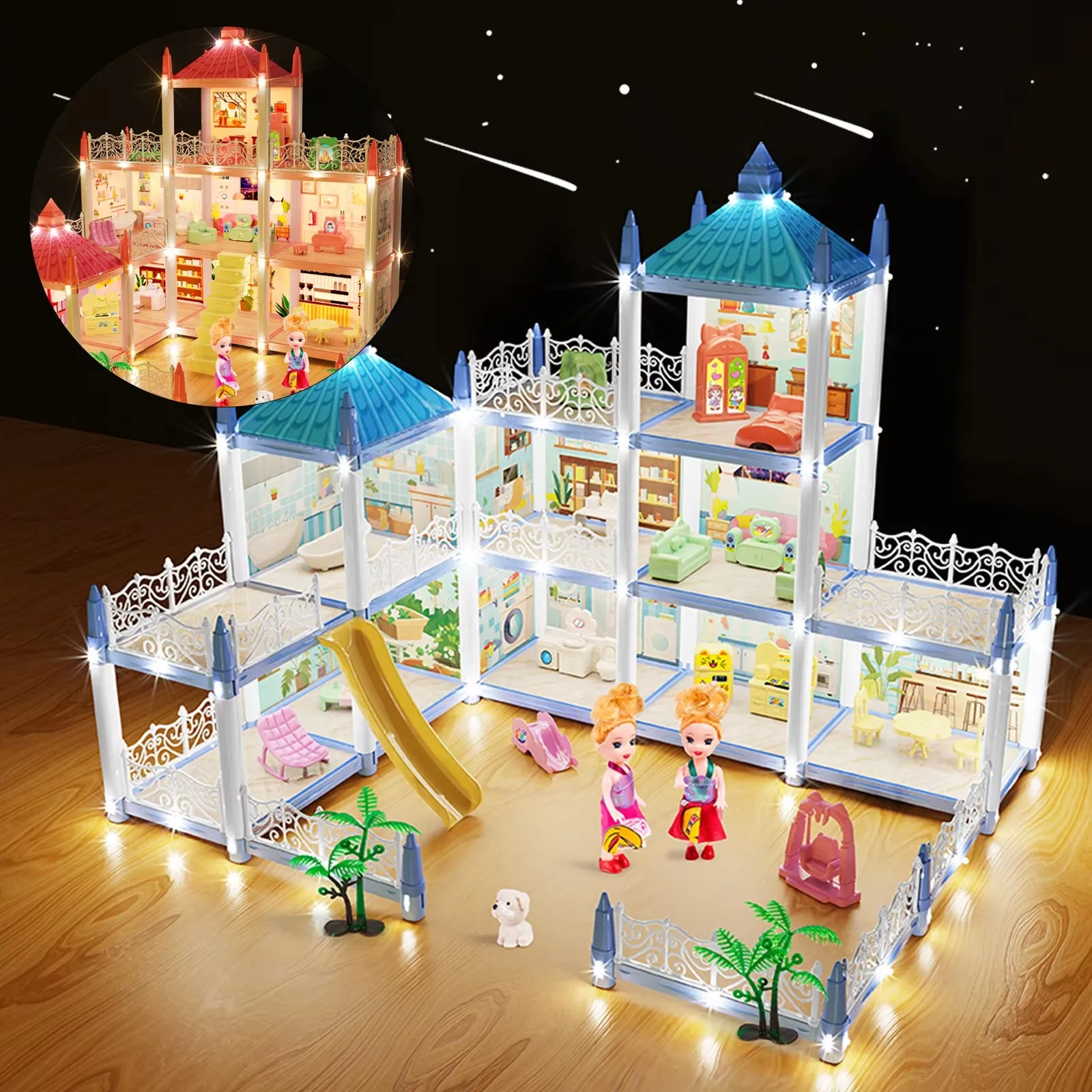 Puppenhäuser 3D montiert Diy Miniaturen Puppenhaus Zubehör Villa Prinzessin Schloss mit LED-Licht Mädchen Geburtstagsgeschenke Spielzeug