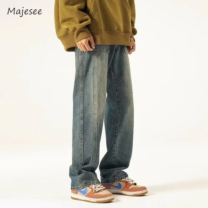 Homens jeans outono baggy confortável chique trabalhar calças estilo vibe à prova de vento diário simples streetwear elegante lazer bonito