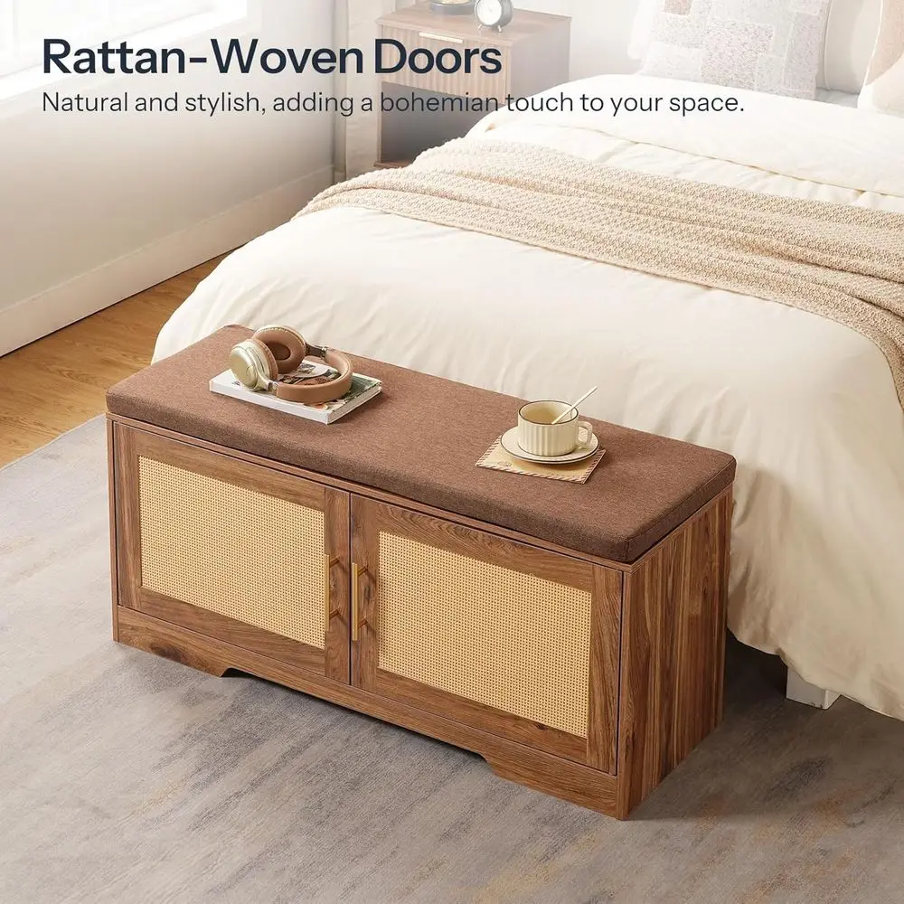 Panca portascarpe in rattan con cuscino, organizer in legno a 2 ante, 39,2 L x 13,4 L x 18,9 A, ideale per ingresso e camere da letto
