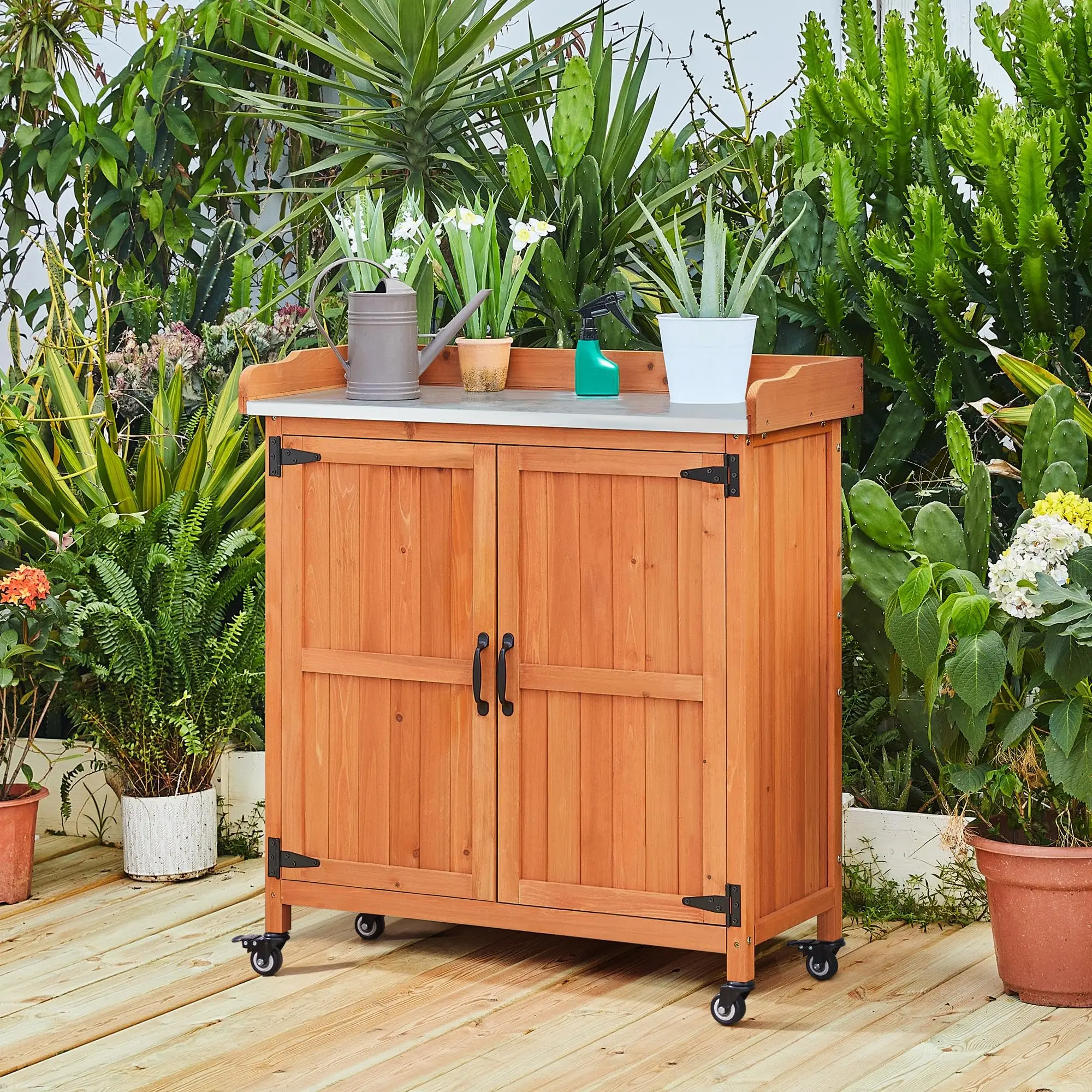 Rolling Potting Bench Outdoor Storage Cabinet, Metal Top, Brown