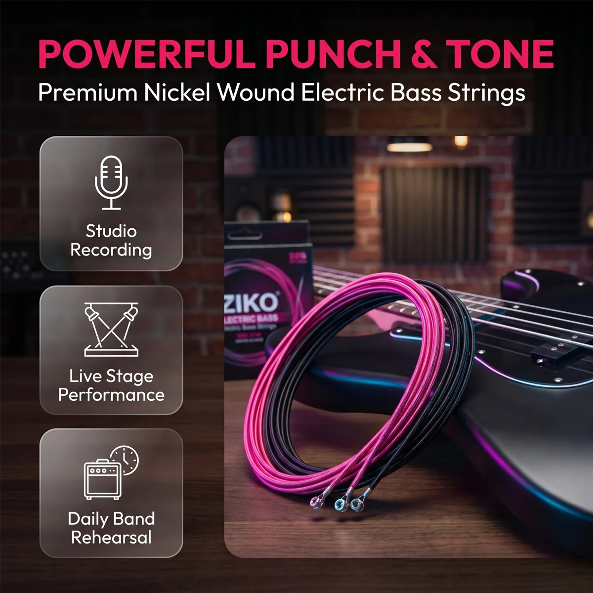 ZIKO 4/5/6 String Electric Bass Strings, Hexagonal Alloy Carbon Steel, Black Pink Bass Strings for Practice & Performance