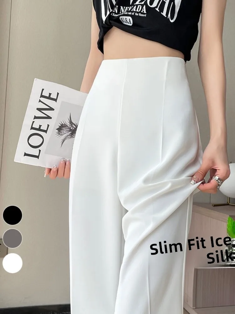 Pantaloni a gamba larga a vita alta Pantaloni estivi asimmetrici da donna Sle Pantaloni casual svasati sottili in seta ghiacciata Pantaloni lunghi