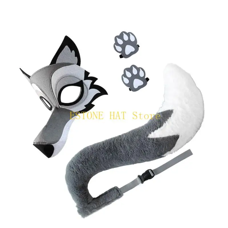 49MF Wolf Costume for Kid Adult Include Wolf Face Mask Wolf Tail Wolf Clwas Gloves