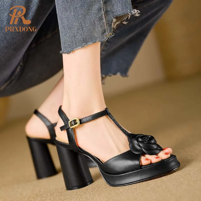 PRXDONG INS New Classics Genuine Leather Summer Shoes Woman Sandals T-strap Flowers Gold Silver Dress Party Wedding Lady Pumps