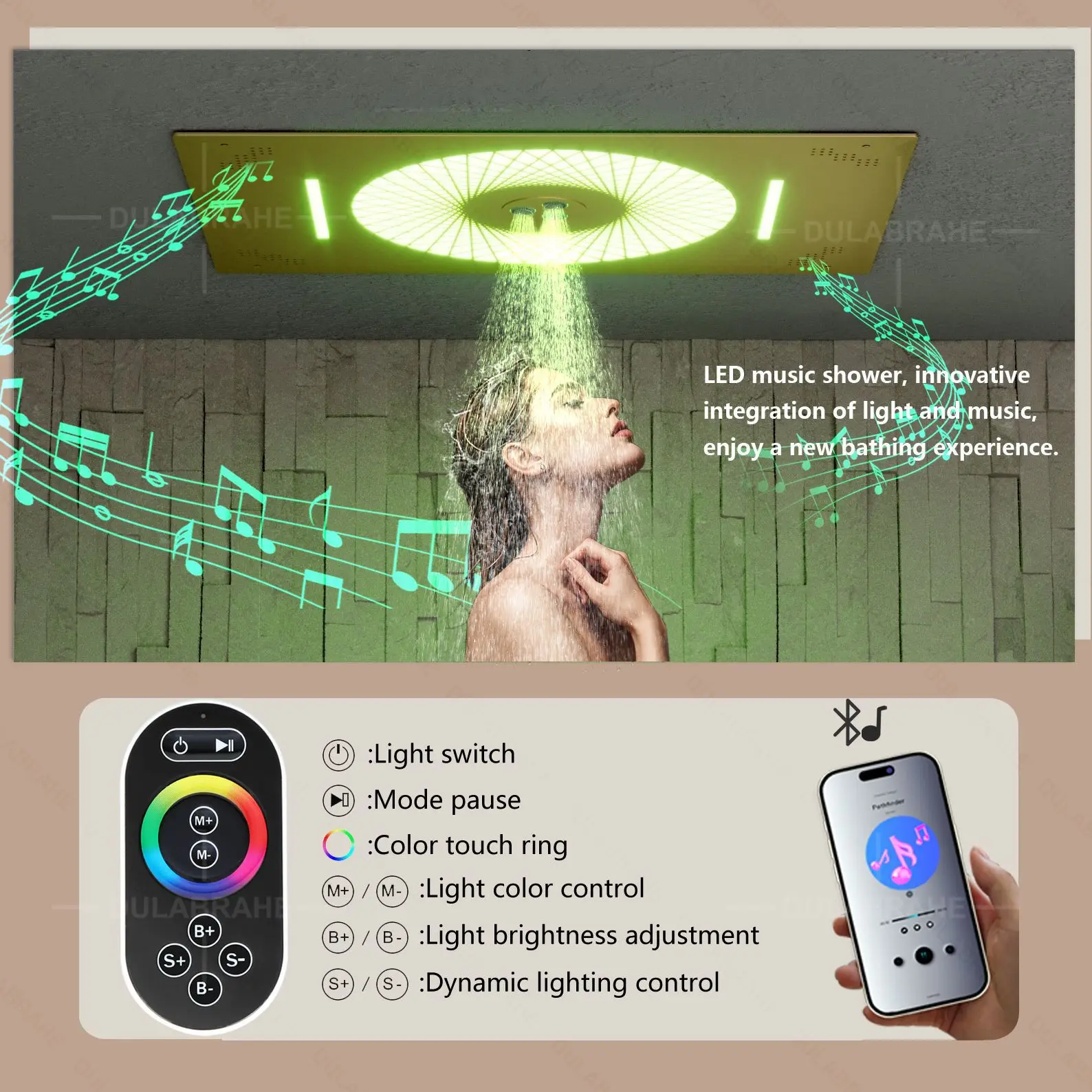 Bathroom ceiling 00x400mm two-function LED music top spray constant temperature brushed gold