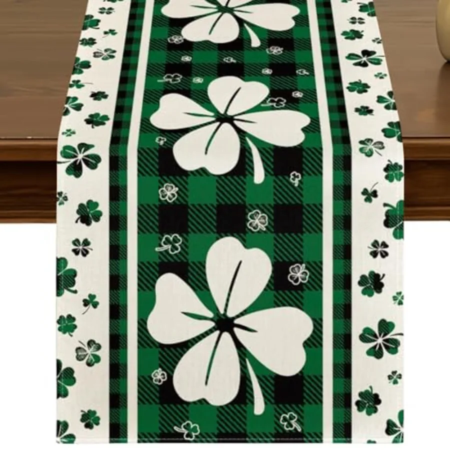 

St.Patrick's Day Green Shamrocks Buffalo Plaid Table Runner 13x72 Ih Spring Holiday Clover Kitchen Dining Table Decor for Indoo