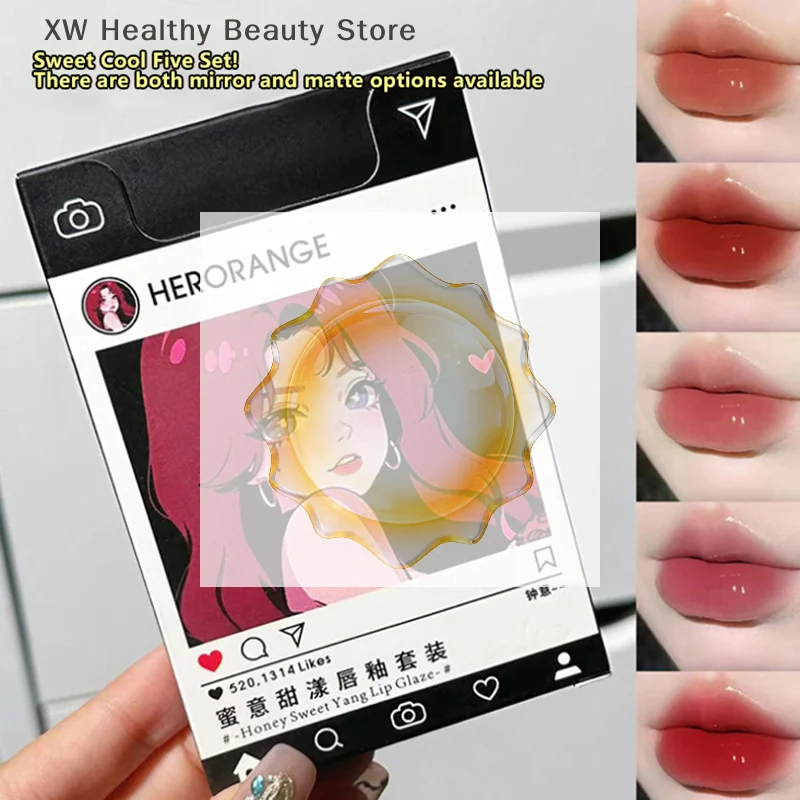 HERORANGE 5 Stuks Lipgloss Set Rode Tint Make-Up Langdurige Matte & Spiegel Sigaret Lip Glazuur Waterdichte Lippenstift Kit cosmetische