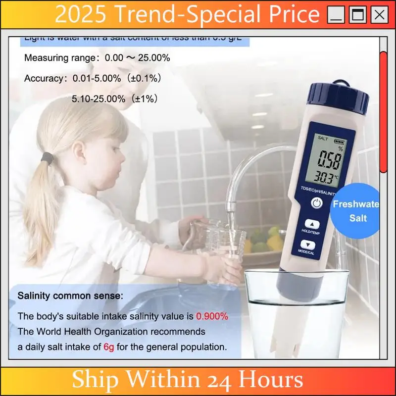 

A61Z Deals 5 In 1 TDS/EC/PH/Salinity/Temperature Meter Digital Water Quality Monitor Tester For Pools, Drinking Water, Aquariums