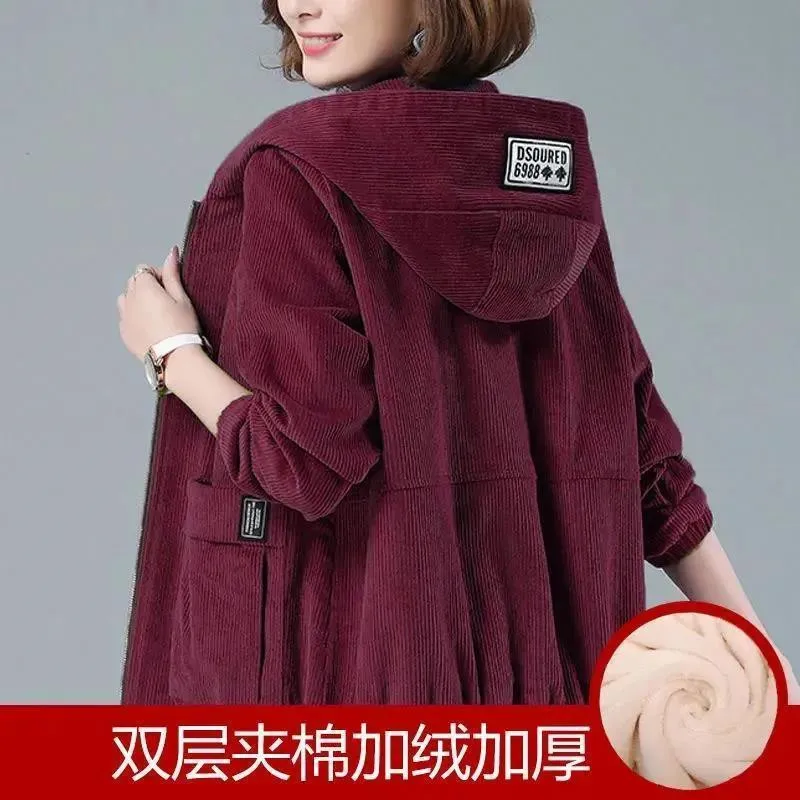 Women\'s Corduroy Coat 2025 Spring Autumn Winter Female New Plus-size Loose Jacket Casual Middle-aged Mother Overcoat