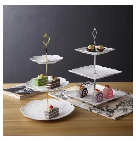 3pcs Set, White Embossed Porcelain Cake Stand for Weding, Vintage Plate Stand, Etagere Buffet, Dessert Fruit
