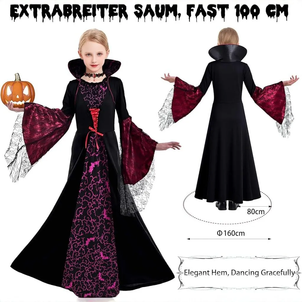 Mädchen Vampir-Königin Cosplay Langes Kleid Gotisches Kleid mit ausgestellten Ärmeln Kinder Halloween Karneval Rollenspiel Kostüm Outfit