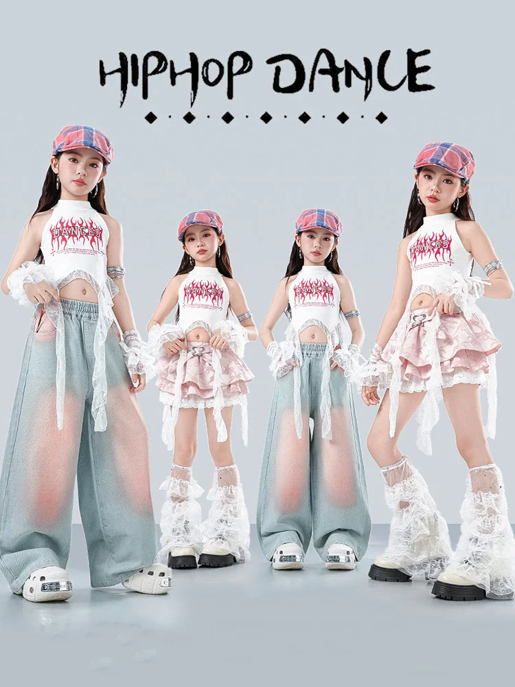 Ropa de Baile Jazz, Traje de Actuación de Danza Urbana, Top Corto Blanco sin Mangas, Pantalones Anchos de Mezclilla, Disfraz de Hip Hop para Grupo