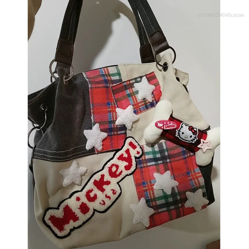 Sanrio Hello Kitty moda Vintage torebki damskie w czerwoną kratę Bone Star Canvas millenium Y2k torba Crossbody damskie torby na ramię