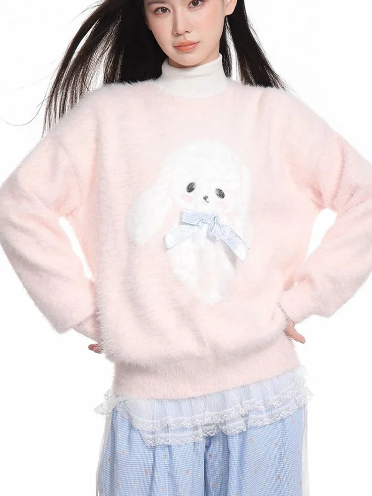 

Корейский милый розовый свитер с героями мультфильмов, женский милый вязаный джемпер из искусственной норки с бантом, модный пуловер с длинными рукавами и ленивым ветром, топы